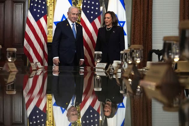 Vice President Kamala Harris and Israeli Prime Minister Benjamin Netanyahu appear before a meeting Thursday at the Eisenhower Executive Office Building in Washington.