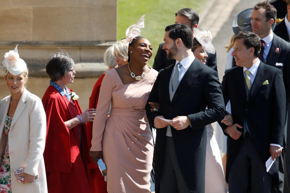 Meghan Markle's friend, US tennis player Serena Williams (CL) and her husband US entrepreneur Alexis Ohanian (CR) arrive for the wedding ceremony of Britain's Prince Harry, Duke of Sussex and US actress Meghan Markle at St George's Chapel, Windsor Castle, in Windsor, on May 19, 2018.  Odd ANDERSEN/Pool via REUTERS