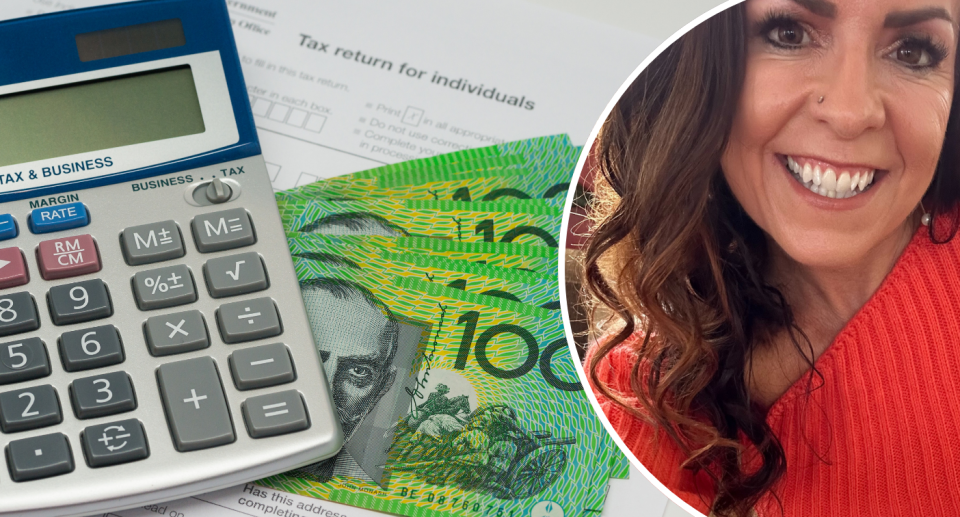 Calculator with $100 notes over a tax return next to insert of Nicole Pedersen-McKinnon