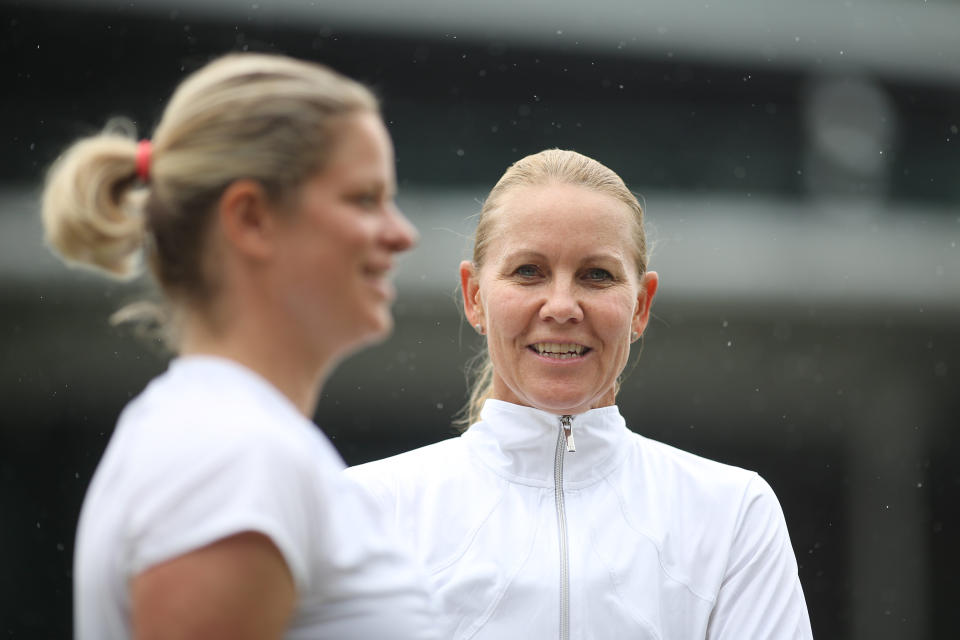 Kim Clijsters (pictured left) and Rennae Stubbs (pictured right) during the Invitation Doubles tournament.