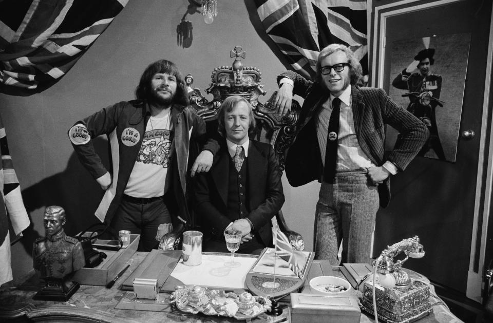 Comedians (L-R) Bill Oddie, Tim Brooke-Taylor and Graeme Garden in a sketch from episode 'That Old Black Magic' of the BBC television series 'The Goodies', December 1st 1972. (Photo by Don Smith/Radio Times via Getty Images)