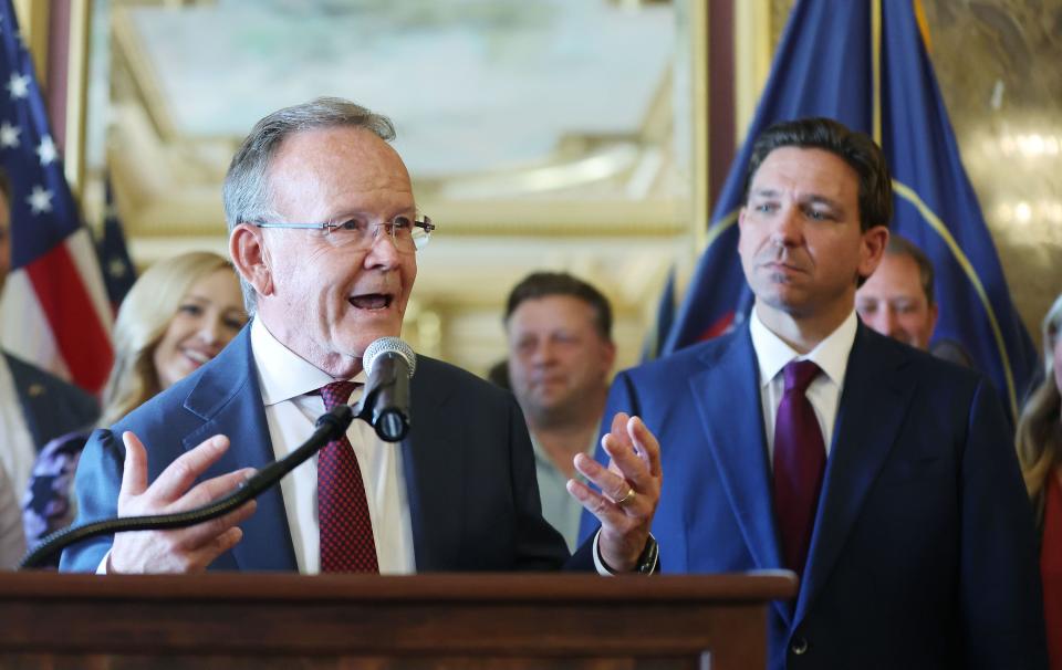 Senate President Stuart Adams, R-Layton, introduces Florida Gov. and presidential candidate Ron DeSantis, right, during a press conference at the Capitol in Salt Lake City on Friday, July 21, 2023. | Jeffrey D. Allred, Deseret News