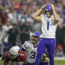 Minnesota Vikings kicker Greg Joseph (1) reacts after missing a field goal at the end of the fourth quarter of an NFL football game against the Arizona Cardinals, Sunday, Sept. 19, 2021, in Glendale, Ariz. (Elizabeth Flores/Star Tribune via AP)