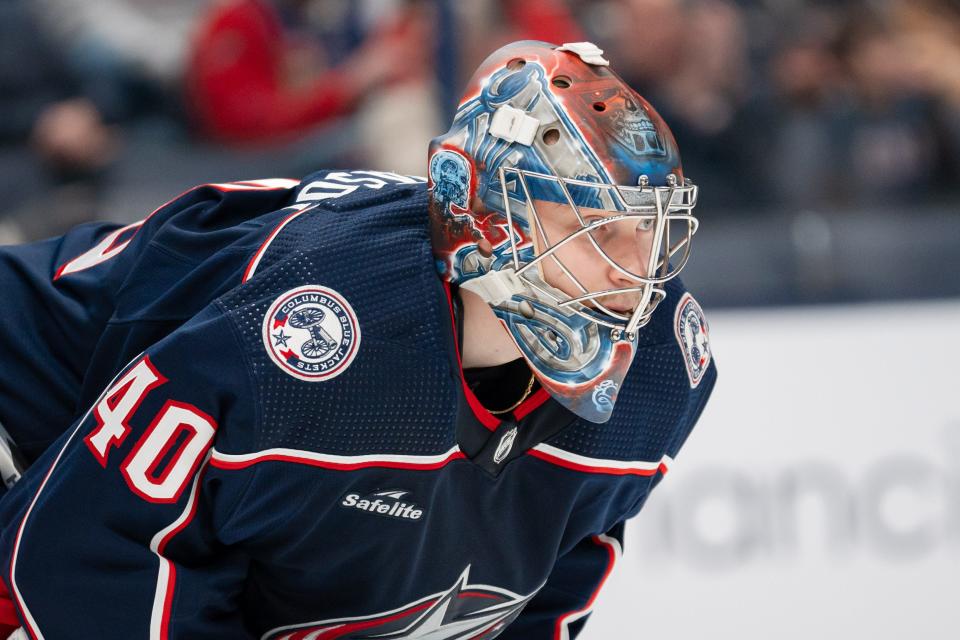 Jan 6, 2024; Columbus, Ohio, USA;
Columbus Blue Jackets goaltender Spencer Martin (30) watches the face-off preparing to block a shot during the second period of their game against the Minnesota Wild on Saturday, Jan. 6, 2024 at Nationwide Arena.