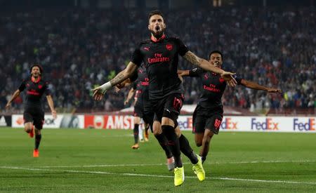 Soccer Football - Europa League - Red Star Belgrade vs Arsenal - Rajko Mitic Stadium, Belgrade, Serbia - October 19, 2017 Arsenal's Olivier Giroud celebrates scoring their first goal Action Images via Reuters/Matthew Childs