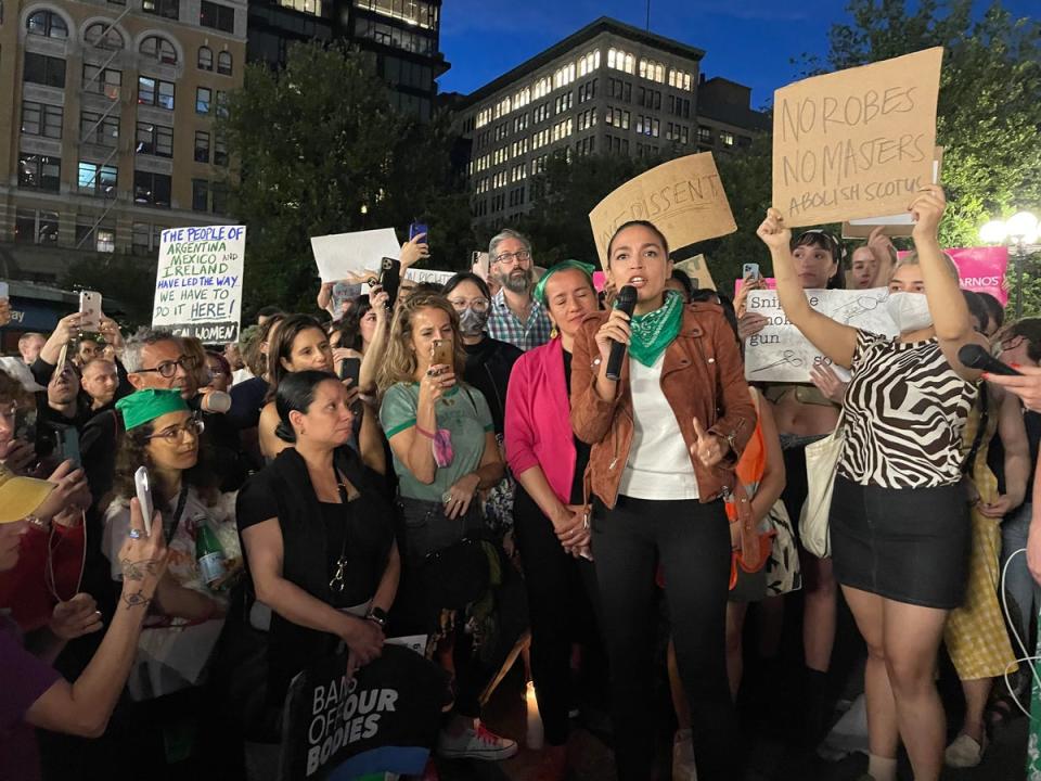 Rep Alexandria Ocasio-Cortez at a pro-abortion event in Union Square in New York City. (The Independent)