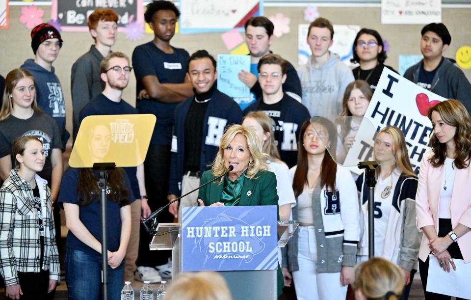 First lady Jill Biden speaks as she, U.S. Surgeon General Vivek Murthy and first lady of Utah Abby Cox visit Hunter High School in West Valley City on Tuesday, Jan. 16, 2024. | Scott G Winterton, Deseret News