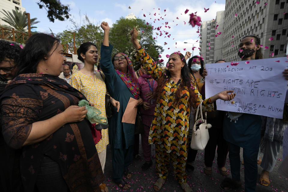 Members of Pakistan's transgender community gesture, during a protest in Karachi, Pakistan, Saturday, May 20, 2023. Transgender activists in Pakistan say they plan to appeal an Islamic court’s ruling that guts a law aimed at protecting their rights. The Transgender Persons (Protection of Rights) Act was passed by Parliament in 2018 to secure the fundamental rights of transgender Pakistanis. But the Federal Shariat Court struck down several provisions of the law on Friday, terming them “un-Islamic.” (AP Photo/Fareed Khan)