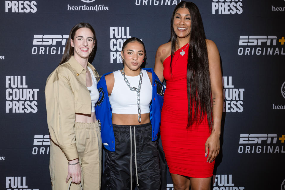 INDIANAPOLIS, INDIANA - MAY 6:  Caitlin Clark, Kiki Rice and Kamilla Cardoso attend the ESPN+ Full Court Press premiere at The Tobias Theater at Newfields on May 6, 2024 in Indianapolis, Indiana. (Photo by Michael Hickey/Getty Images)
