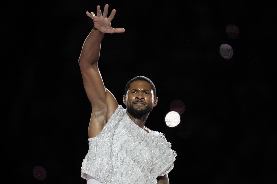 Usher performs during halftime of the NFL Super Bowl 58 football game between the San Francisco 49ers and the Kansas City Chiefs on Sunday, Feb. 11, 2024, in Las Vegas. (AP Photo/Ashley Landis)