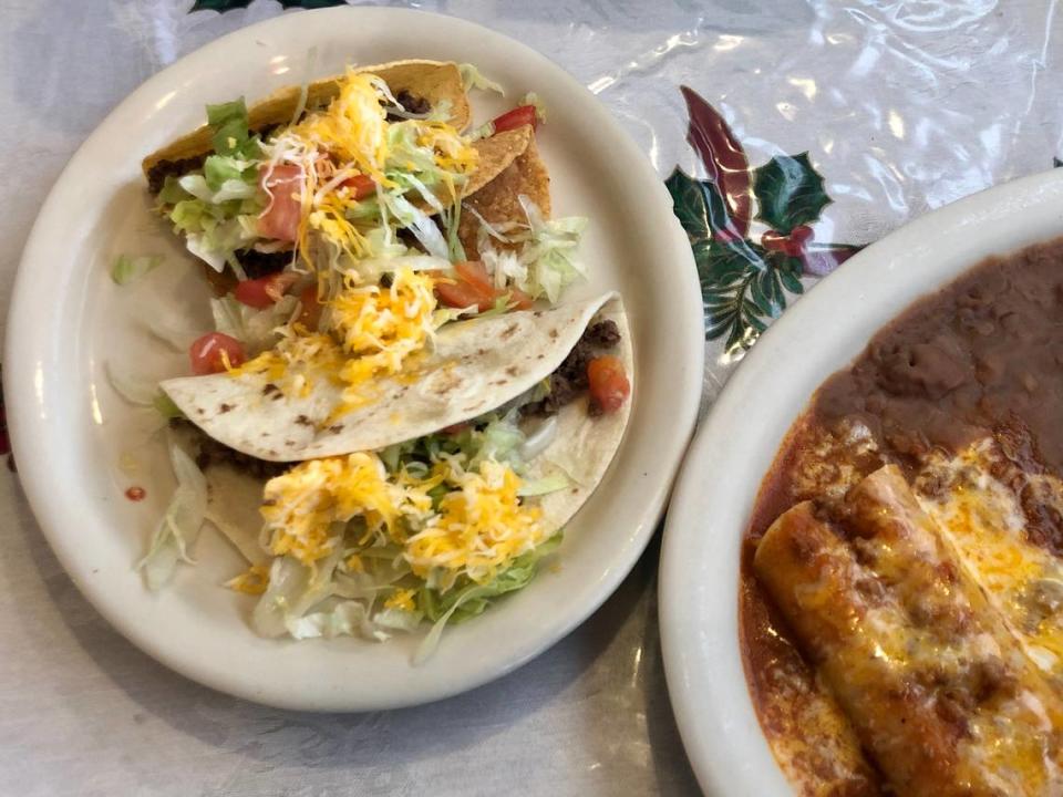 Bigotes offers unlimited enchiladas and tacos for a set price. (Yes, that’s a Christmas tablecloth in midyear.)