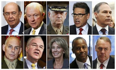 U.S. president elect Donald Trump's appointees are seen in this combination image. Top (L-R) Wilbur Ross, appointed Commerce Secretary, Jeff Sessions, appointed U.S. Attorney General, James Mattis, appointed Defense Secretary, Rick Perry, appointed Energy Secretary, Scott Pruitt, appointed Environmental Protection Agency Administrator. Bottom (L-R) John F. Kelly, appponted Department of Homeland Security Secretary, Tom Price, Health and Human Services Secretary, Betsy DeVos, appointed Education Secretary, Ben Carson, appointed Housing and Urban development Secretary, Ryan Zinke, appointed Interior Secretary. REUTERS/Files