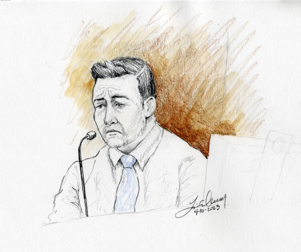 This courtroom sketch depicts Brandon Boudreaux, who was previously married to Lori Vallow Daybell’s niece, testifying during Vallow Daybell’s murder trial in Boise, Idaho.