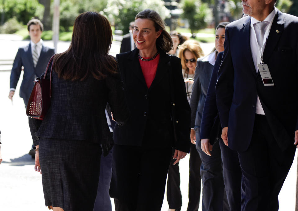 High Representative of the European Union for Foreign Affairs and Security Policy Federica Mogherini arrives for the the inaugural meeting of the International Contact Group on Venezuela, in Montevideo, Uruguay, Thursday, Feb. 7, 2019. (AP Photo/Matilde Campodonico)