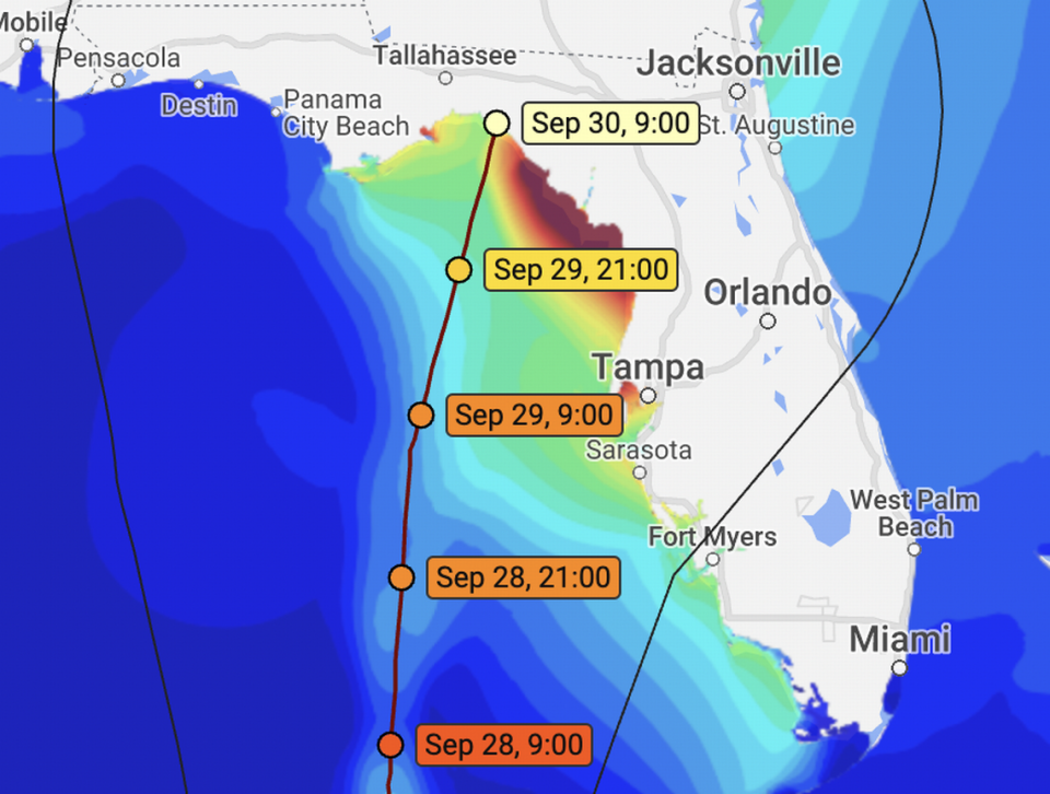 A map predicts how affected Florida will be by storm surges throughout the week.