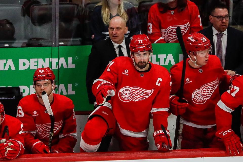 Detroit Red Wings head coach Derek Lalonde watches a play against Buffalo Sabres during the first period at Little Caesars Arena in Detroit on Sunday, April 7, 2024.