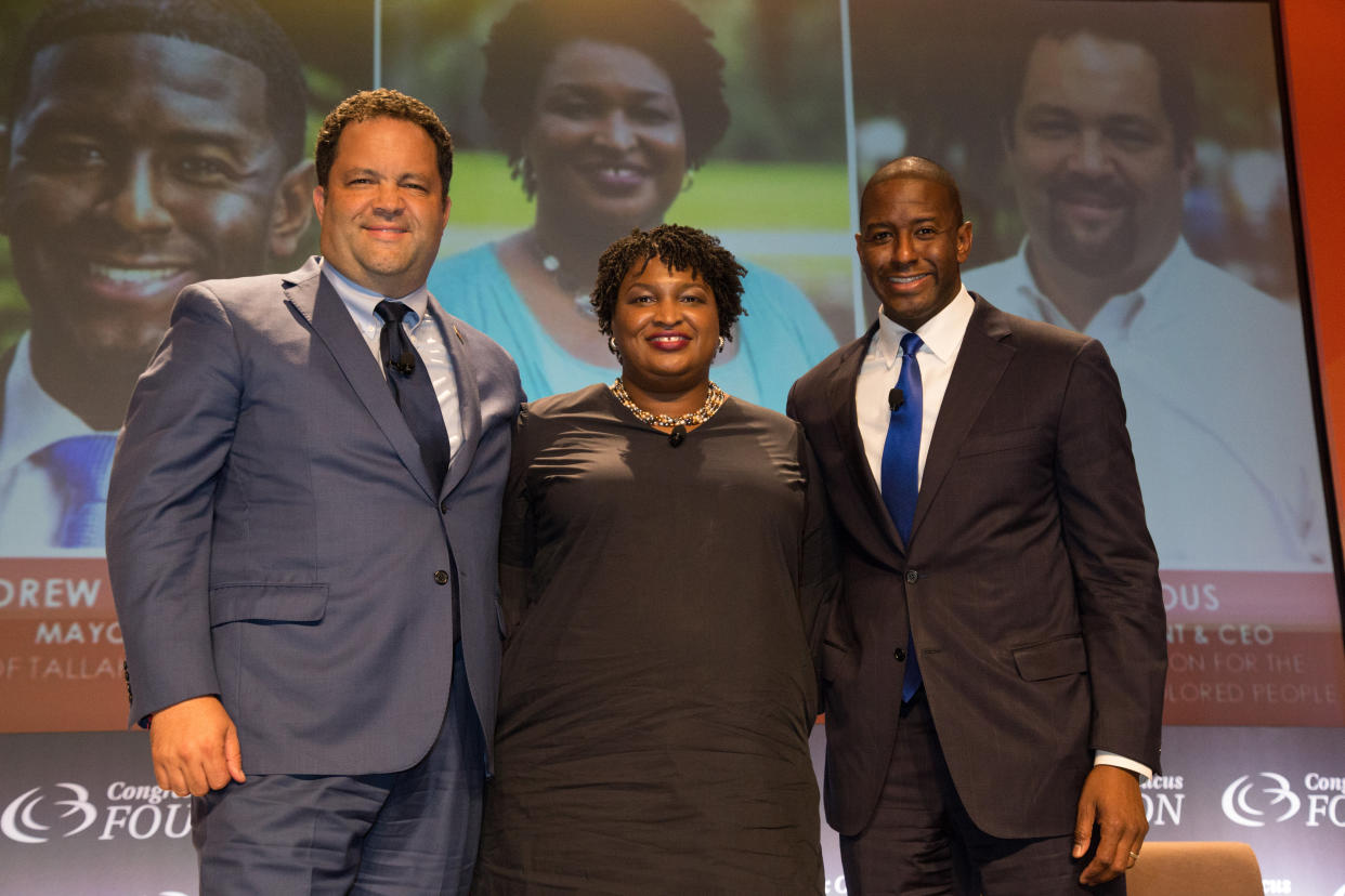 Democratic nominee for governor of Maryland Ben Jealous; Democratic nominee for governor of Georgia Stacey Abrams; and Democratic nominee for governor of Florida Andrew Gillum. (Photo: Brian Stukes via Getty Images)