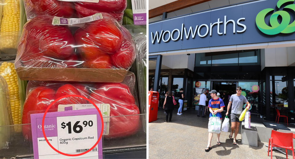 Composite image of Woolworths capsicums priced at $16.90 and Woolworths supermarket store front.