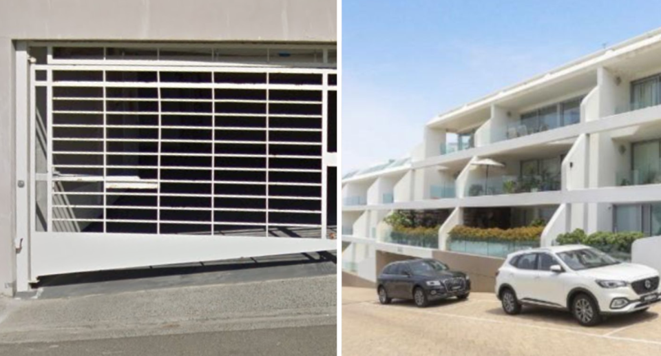 Garage entrance with a picture of Bondi apartments