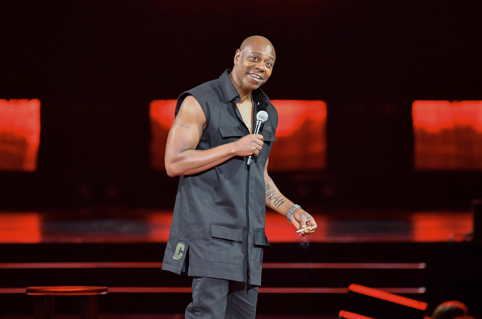 FILE - Comedian Dave Chappelle performs at Madison Square Garden during his 50th birthday celebration week on Tuesday, Aug. 22, 2023, in New York. American comedian Dave Chappelle called the Israeli war on Hamas in the Gaza Strip a "genocide" Thursday, May 23, 2024, to cheers while performing in the capital of the United Arab Emirates, while urging Americans to fight antisemitism so Jews don't feel like they need to be protected by Israel. (Photo by Evan Agostini/Invision/AP, File)