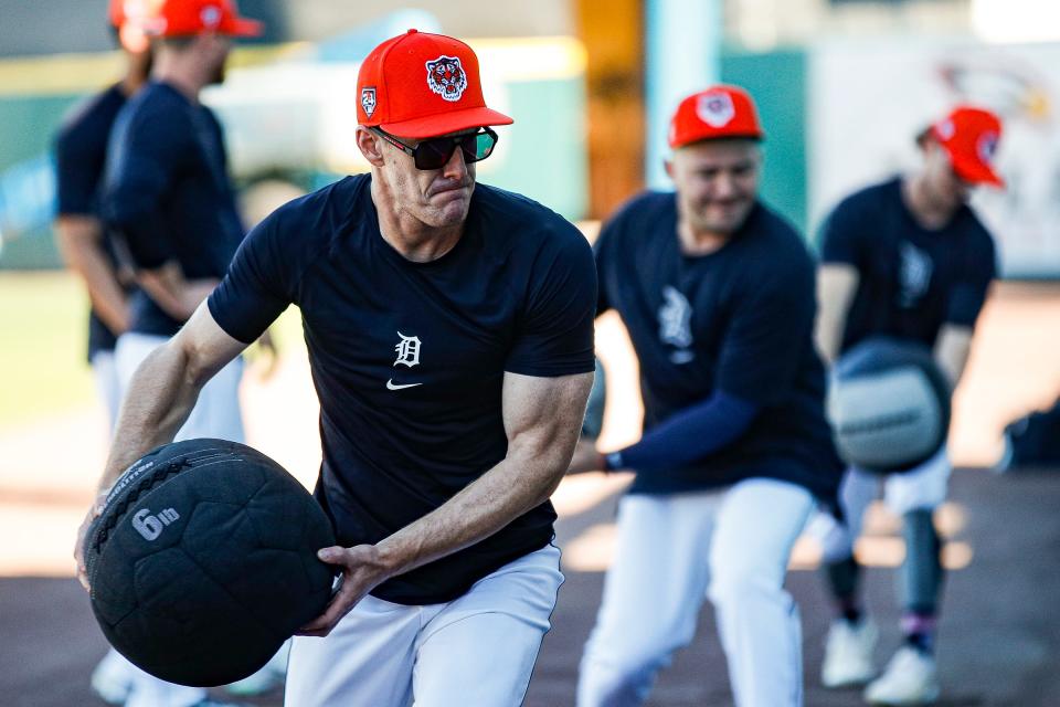 Detroit Tigers outfielder Mark Canha works out during spring training at Joker Marchant Stadium in Lakeland, Florida, on Thursday, Feb. 22, 2024.