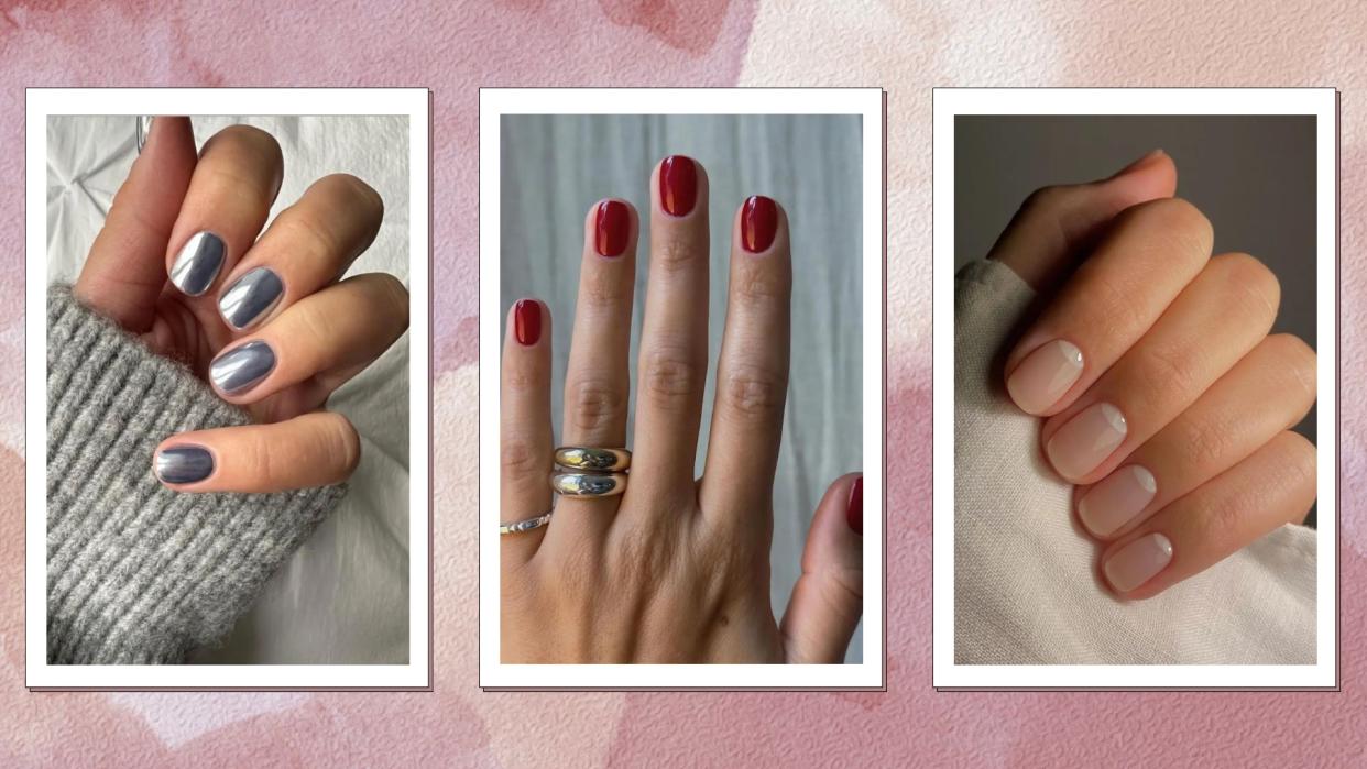  Three hands pictured with 2024 nail trends: on the left is a silver chrome manicure, in the middle is a bright red nail look and finally, on the right, a natural, glossy manicure -  created by nail artists @matejanova/Mateja Novakovic and @gel.bymegan/ in a pink and purple watercolour template. 