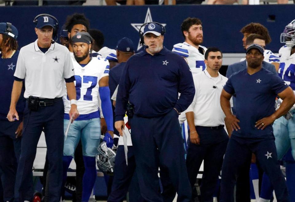 Dallas Cowboys head coach Mike McCarthy reacts after a touchdown by the Jacksonville Jaguars on Saturday, August 12, 2023, at AT&T Stadium in Arlington. Amanda McCoy/amccoy@star-telegram.com