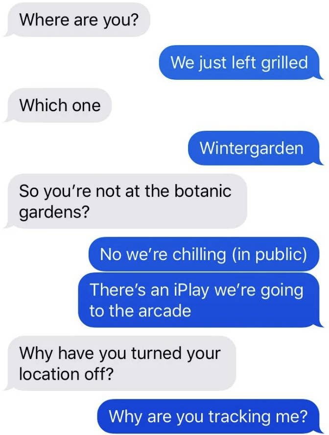 Text conversation between two people. One asks about location, suspects tracking, and mentions a botanic garden. The other mentions Wintergarden and an arcade