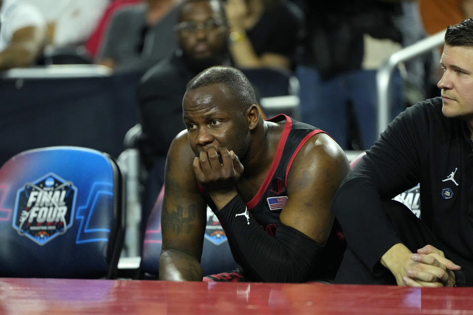 April 3, 2023; Houston, Texas; San Diego State Aztecs guard Adam Seiko (2) looks on from the bench against the Connecticut Huskies during the second half in the national championship game of the 2023 NCAA Tournament at NRG Stadium. Bob Donnan-USA TODAY Sports