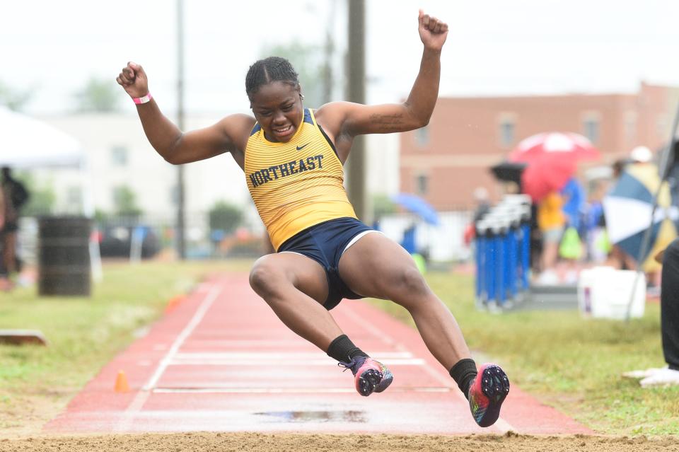 Northeast’s Cierra Bowser competes in the girls long jump during a Class AAA state track and field championship in Murfreesboro during TSSAA’s Spring Fling, Thursday, May 26, 2022.