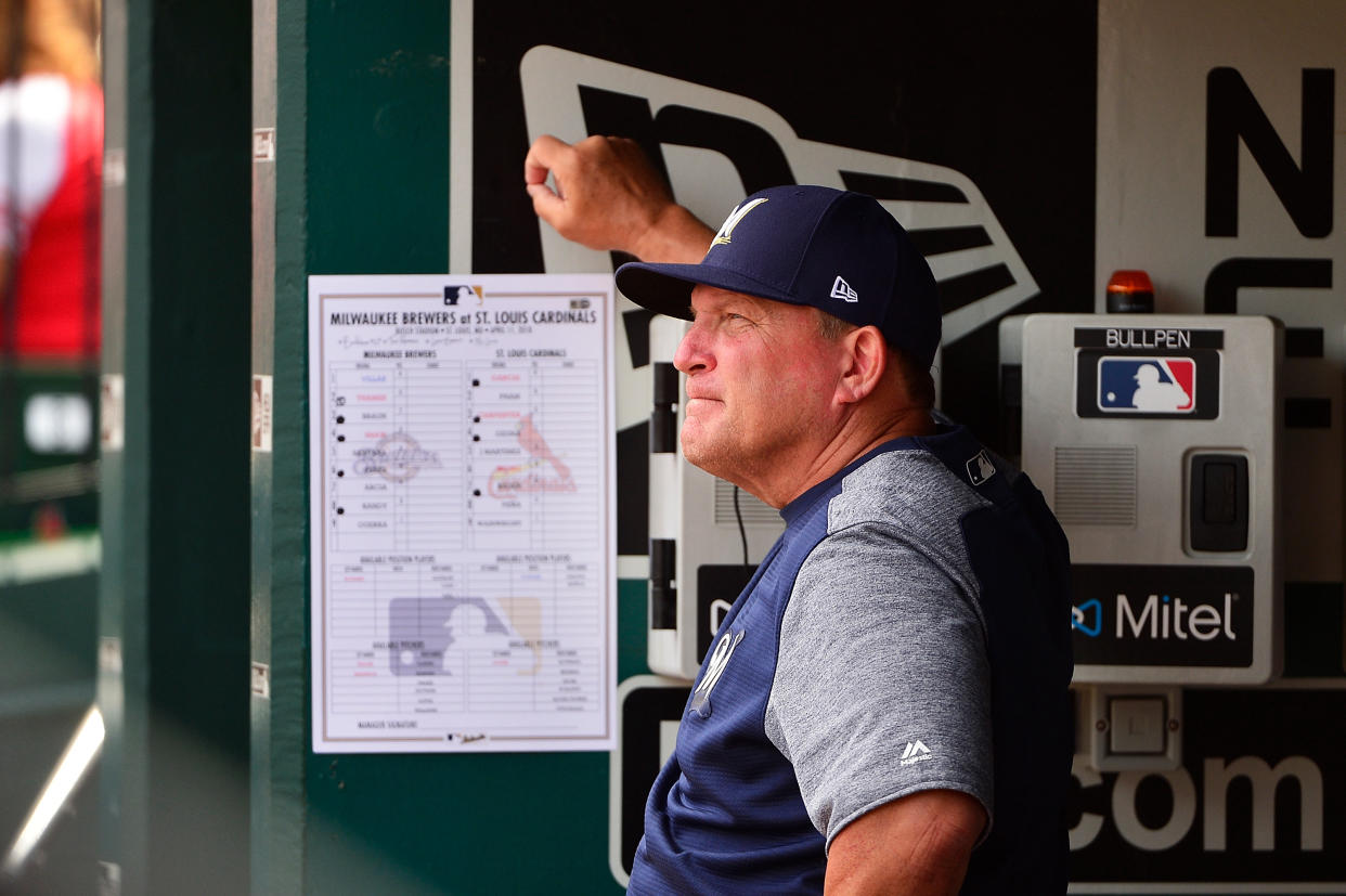 Pat Murphy in 2018 as the Brewers' bench coach. (Jeff Curry/Getty Images)