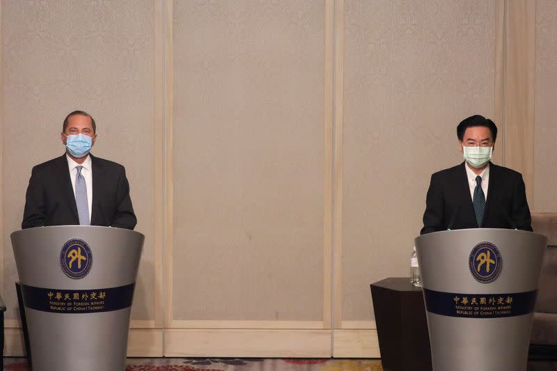 U.S. Heath Secretary Alex Azar and Taiwan's Foreign Minister Joseph Wu hold a joint news conference in Taipei