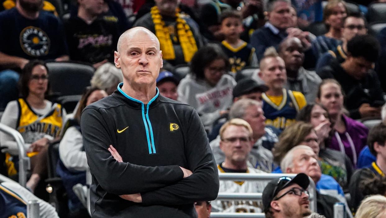 Indiana Pacers Head Coach Rick Carlisle reacts to calls during a game between the Indiana Pacers and the Miami Heat on Sunday, April 7, 2024, at Gainbridge Fieldhouse in Indianapolis.