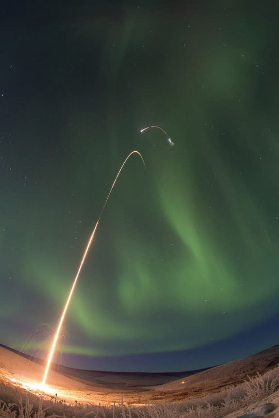 A time lapse photo of the NASA Oriole IV sounding rocket taking off from Poker Flat Research Range in Alaska, with the Aural Spatial Structures Probe payload on board.