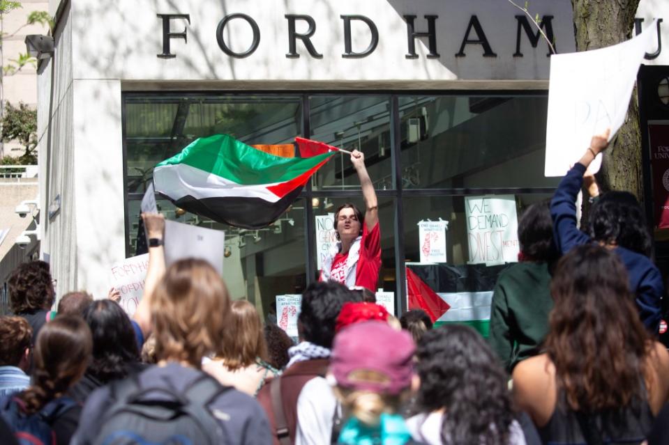 Demonstrators rally outside the Leon Lowenstein Center on Fordham’s Lincoln Center campus. James Messerschmidt