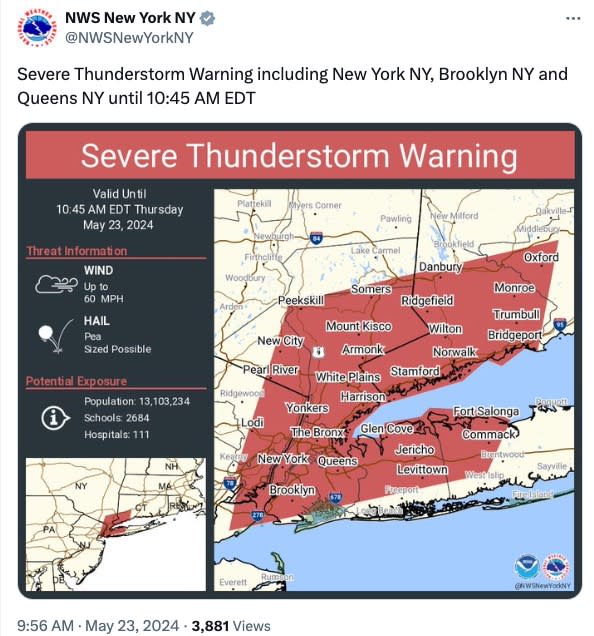 A severe thunderstorm warning includes Manhattan, Brooklyn and Queens until 10:45 a.m.