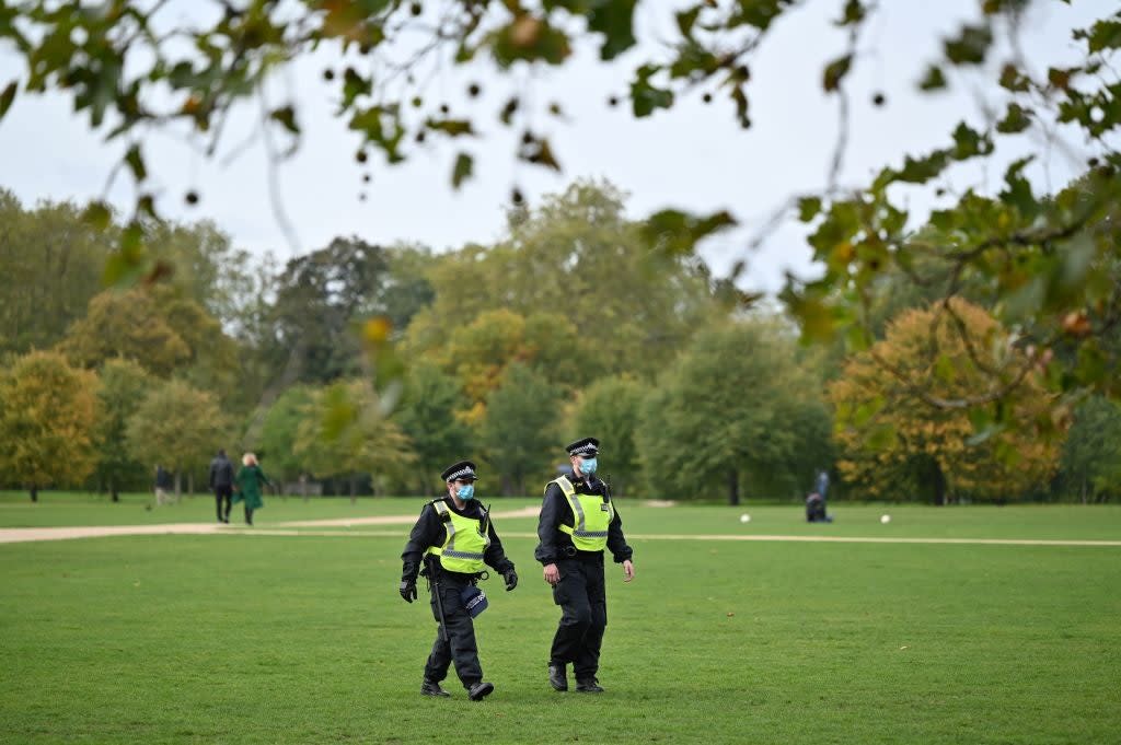 <p>Police wear face masks as they patrol a park</p> (AFP via Getty Images)