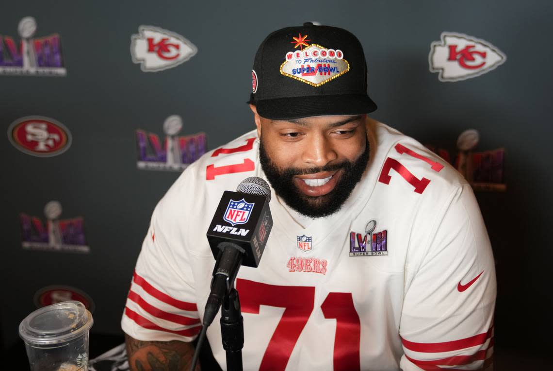 San Francisco 49ers offensive tackle Trent Williams (71) during a press conference before Super Bowl LVIII at Hilton Lake Las Vegas Resort and Spa on Feb. 7, 2024; Las Vegas, NV, USA; Kyle Terada/USA TODAY Sports