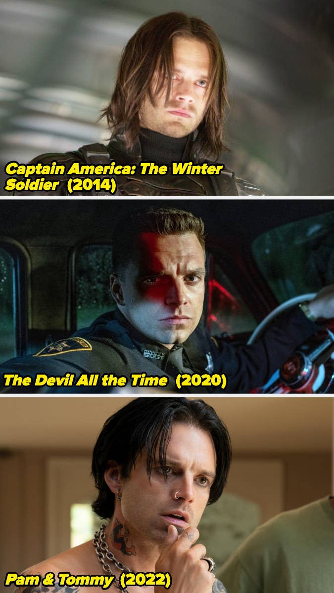 Stills of Sebastian Stan in "Captain America: The Winter Soldier," "The Devil All the Time," and "Pam & Tommy."