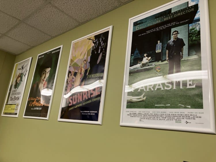 The walls at the Augie film offices are covered with posters of major feature films.
