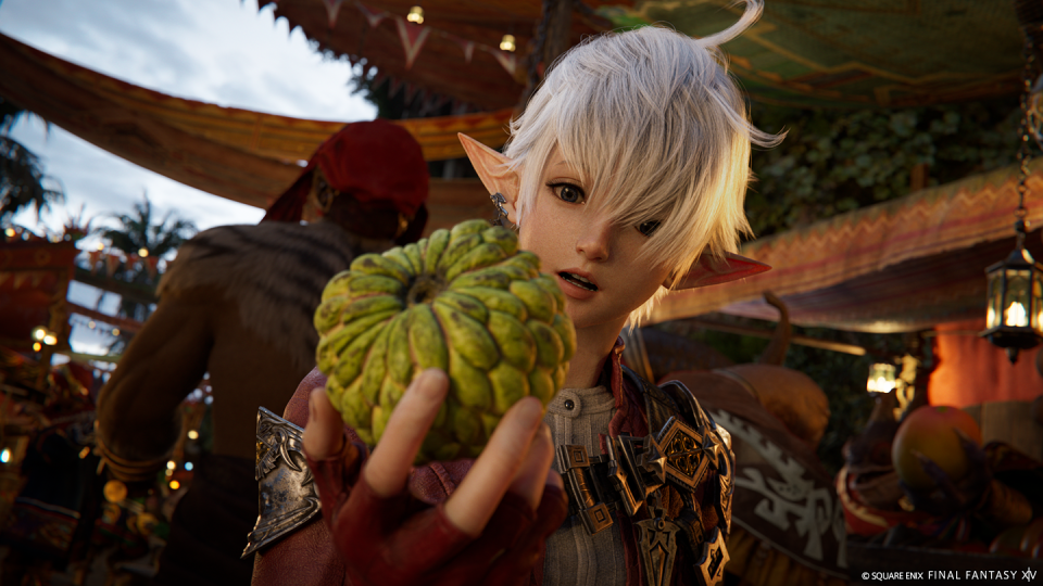 final fantasy 14 dawntrail, alisaie holds up some fruit in shock