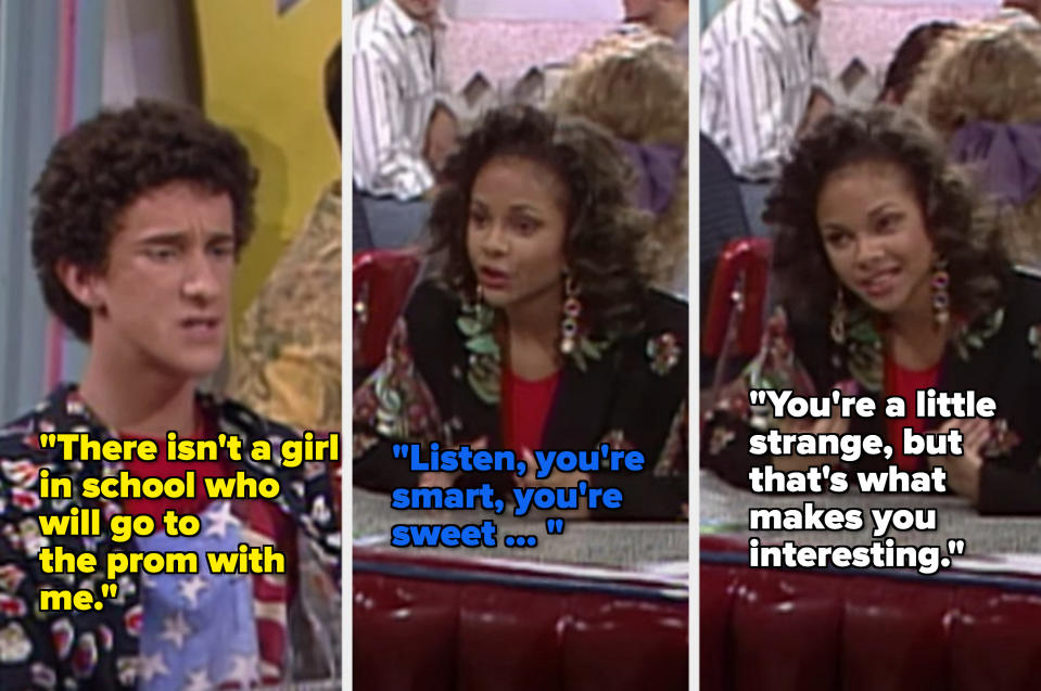 Lisa says kind words to Screech while they talk about the prom
