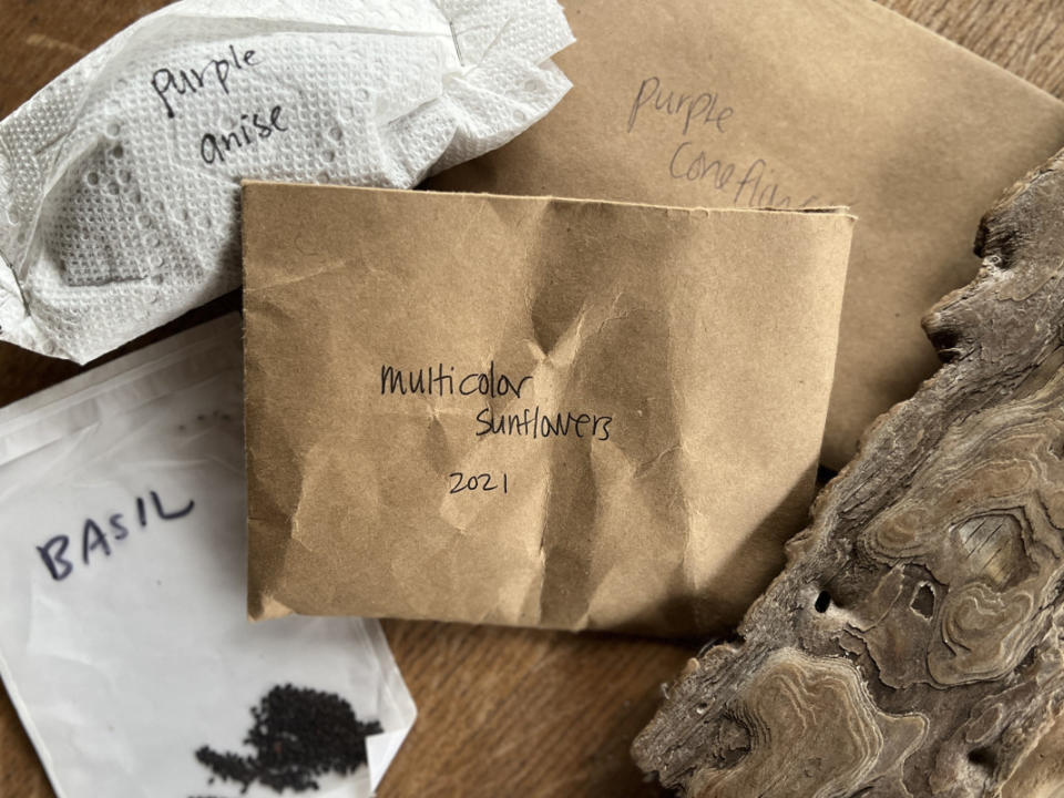 Assorted ways of storing seeds: In a paper envelope, a paper-backed plastic seed bag, or wrapped in a paper towel for safekeeping.<p>Emily Fazio</p>