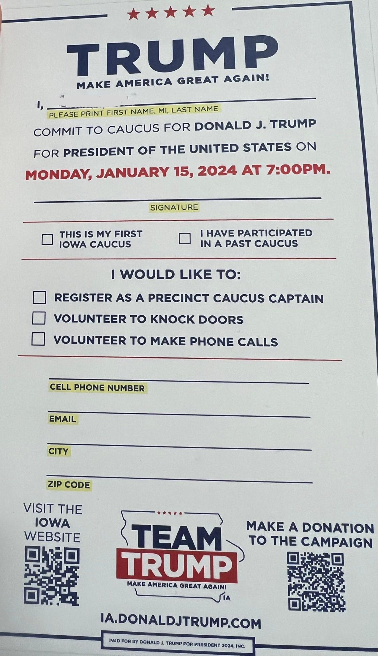 A commit-to-caucus card for former President Donald Trump's 2024 campaign. The cards are widely distributed during rallies in Iowa, designed to keep supporters in contact with the campaign and help organize.