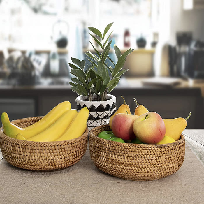 wicker fruit baskets on a kitchen table