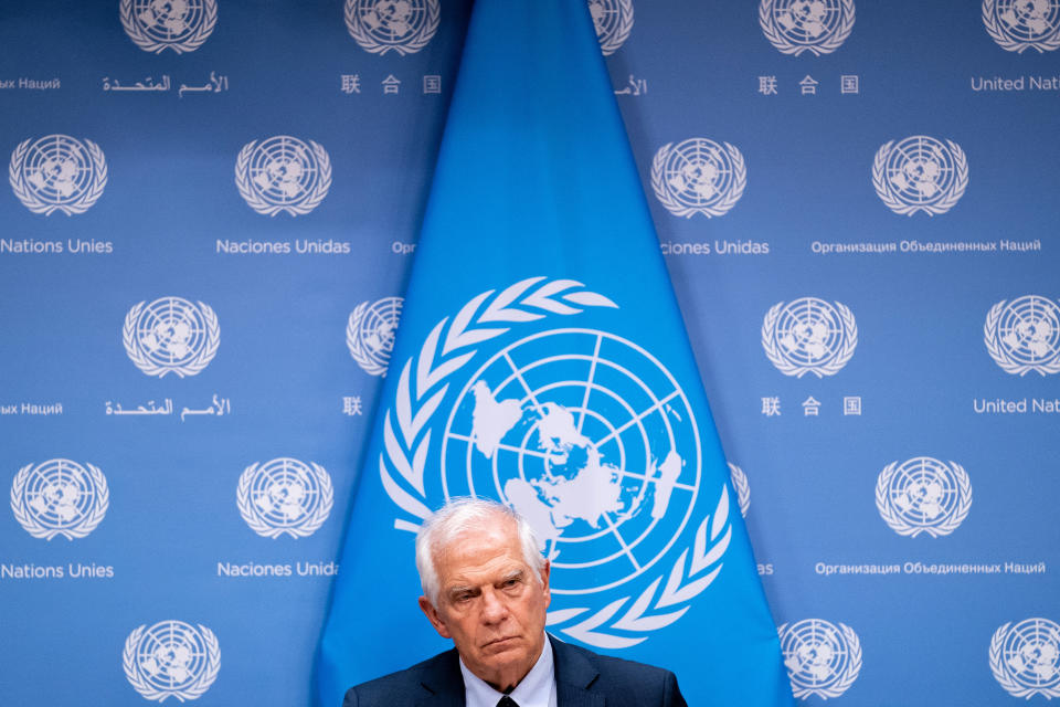 European Union foreign policy chief Josep Borrell speaks during a press conference, Wednesday, Sept. 21, 2022, at United Nations headquarters. (AP Photo/Julia Nikhinson)