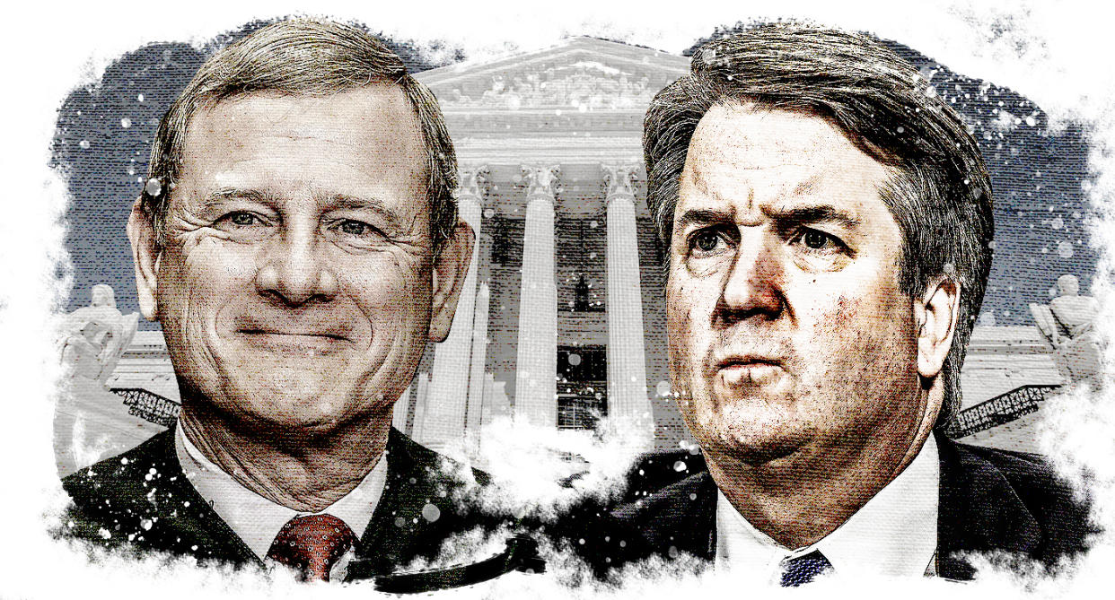 Chief Justice John Roberts and Supreme Court nominee Judge Brett Kavanaugh. (Photo illustration: Yahoo News; photos: AP, Getty Images)