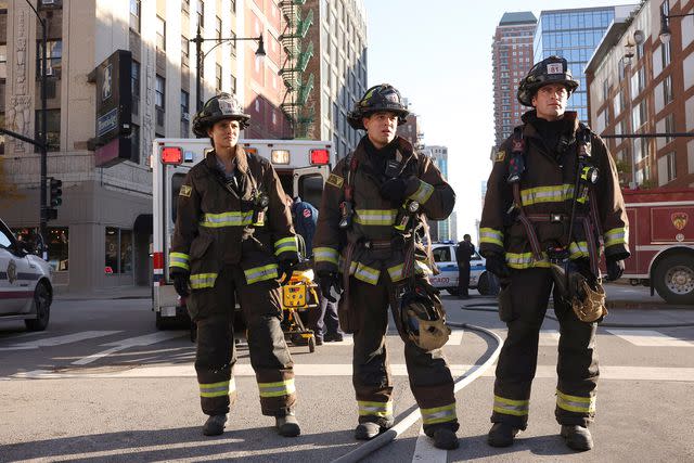 <p>Adrian S Burrows Sr/NBC/Getty</p> Miranda Rae Mayo as Stella Kidd, Alberto Rosende as Blake Gallo and Jake Lockett as Carver in 'Chicago Fire' season 11.