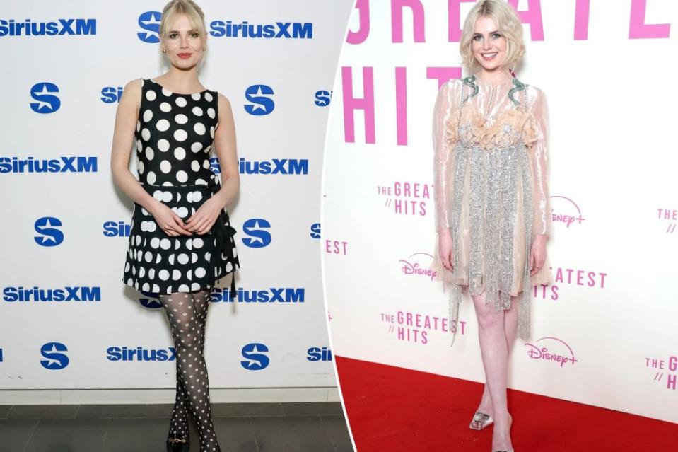 From left: Boynton wears Lauren Perrin at SiriusXM and dons Jean Paul Gaultier by Simone Rocha at the London premiere of “The Greatest Hits.” Images: Getty