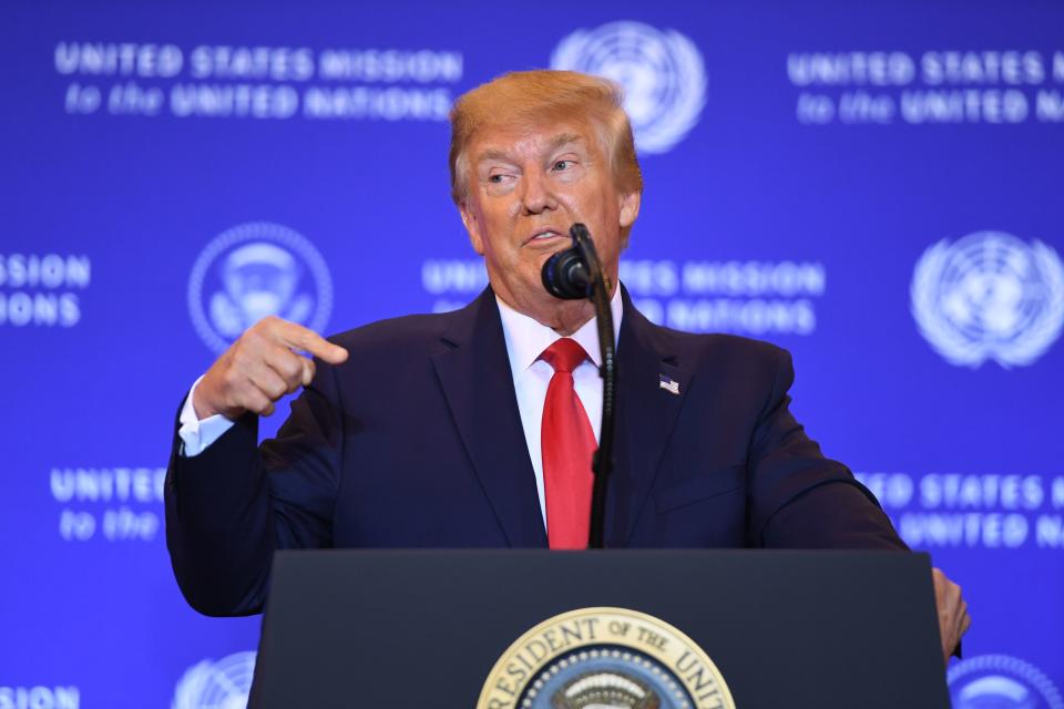 US President Donald Trump holds a press conference in New York, September 25, 2019, on the sidelines of the United Nations General Assembly. - Trump on Wednesday called the grounds for his impeachment laid out by Democrats "a joke," after he was accused of pressuring his Ukrainian counterpart for domestic political reasons. "When they look at the information, it's a joke. Impeachment for that?" Trump told a news conference. (Photo by SAUL LOEB / AFP)        (Photo credit should read SAUL LOEB/AFP/Getty Images)